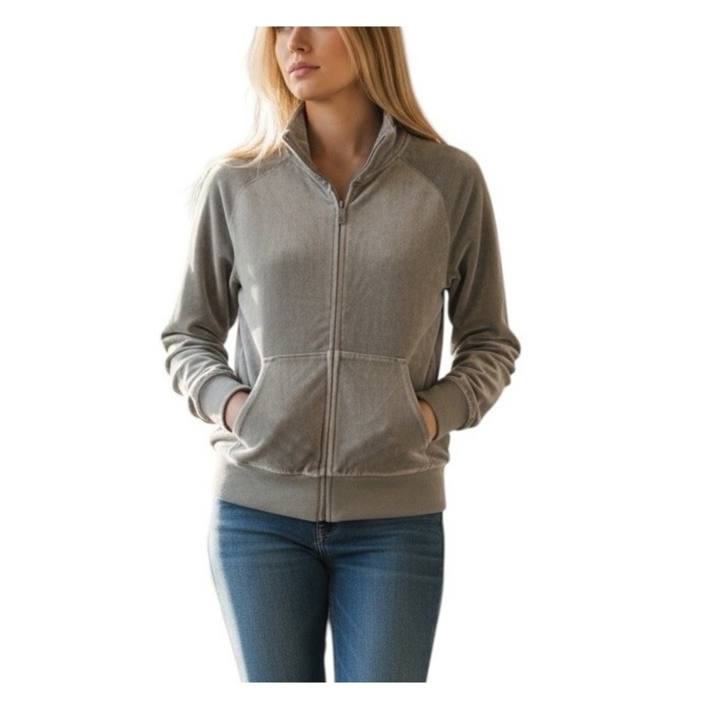 Silver Gray Velour Velvet Zip Up Bomber Jacket‎ M Sequin Rose Floral Y2K 90's